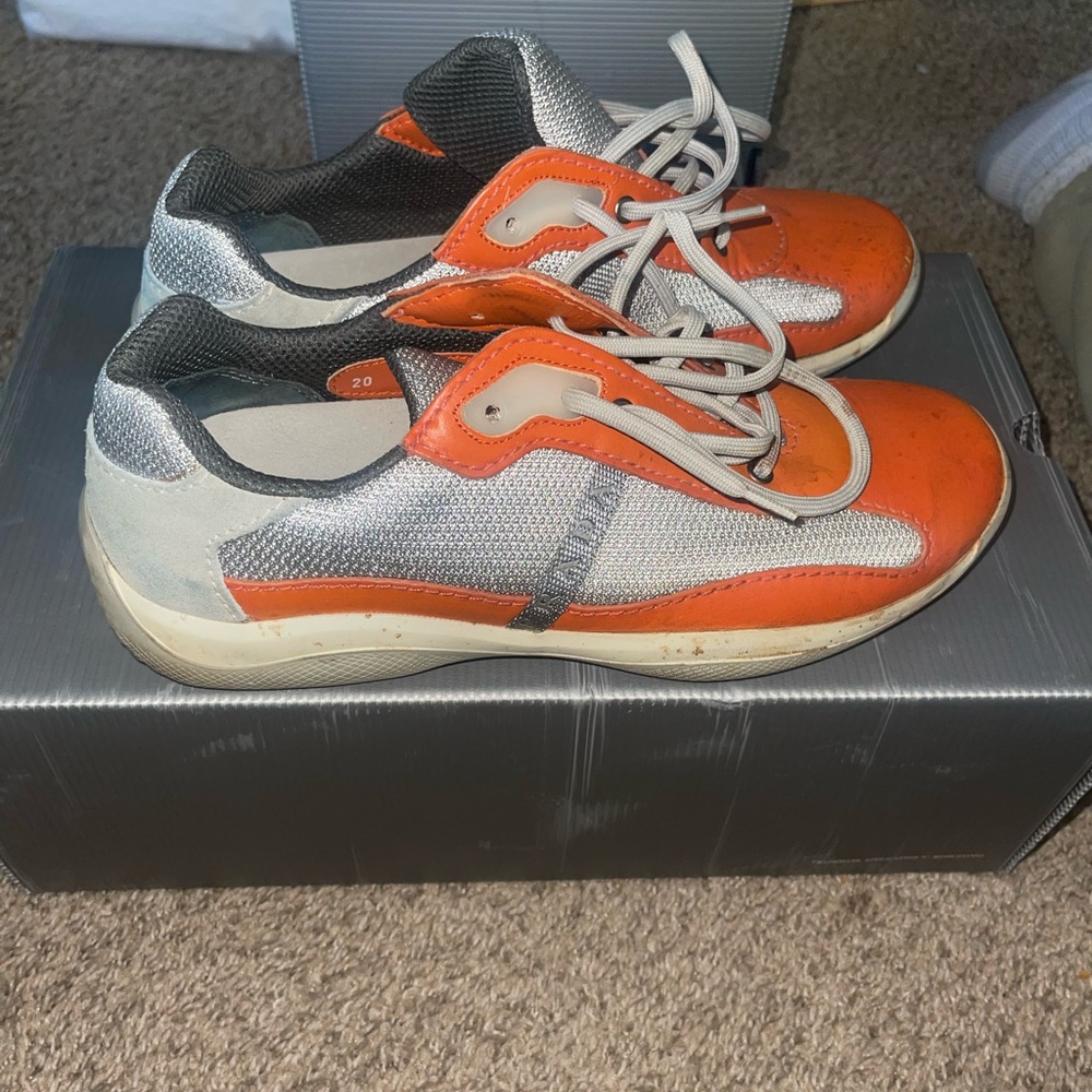Prada Men's Vibrant Orange and Metallic Sneakers